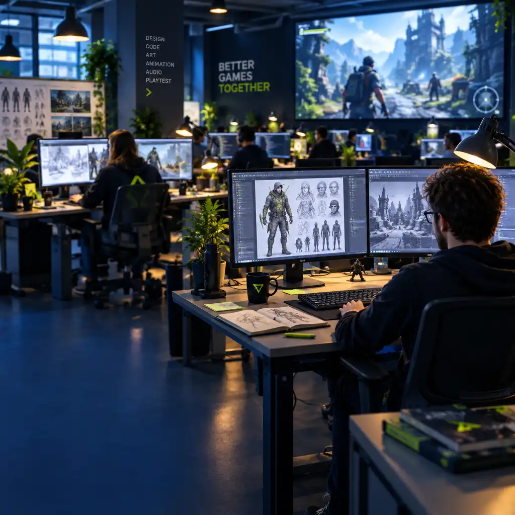 Studio deweloperskie gier wideo z programistami pracującymi przy monitorach i dużym ekranem z grą akcji