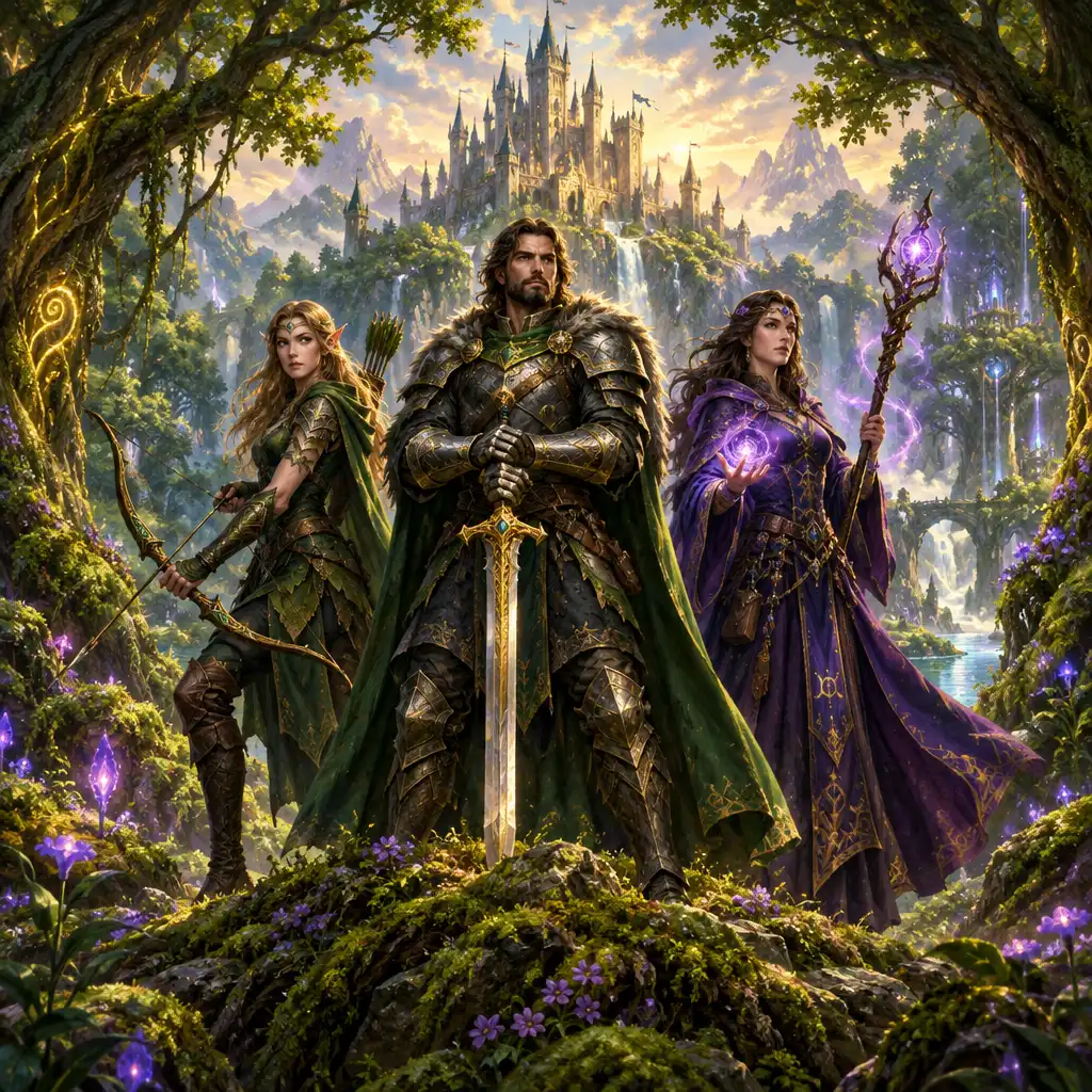 Okładka gry RPG Echoes of the Enchanted Forest przedstawiająca grupę bohaterów na tle magicznego lasu z zamkiem w oddali