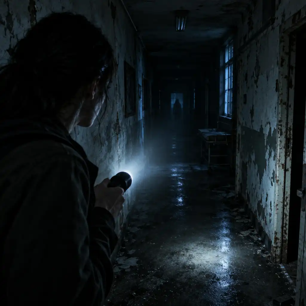 Ciemny korytarz z postacią trzymającą latarkę w grze horror