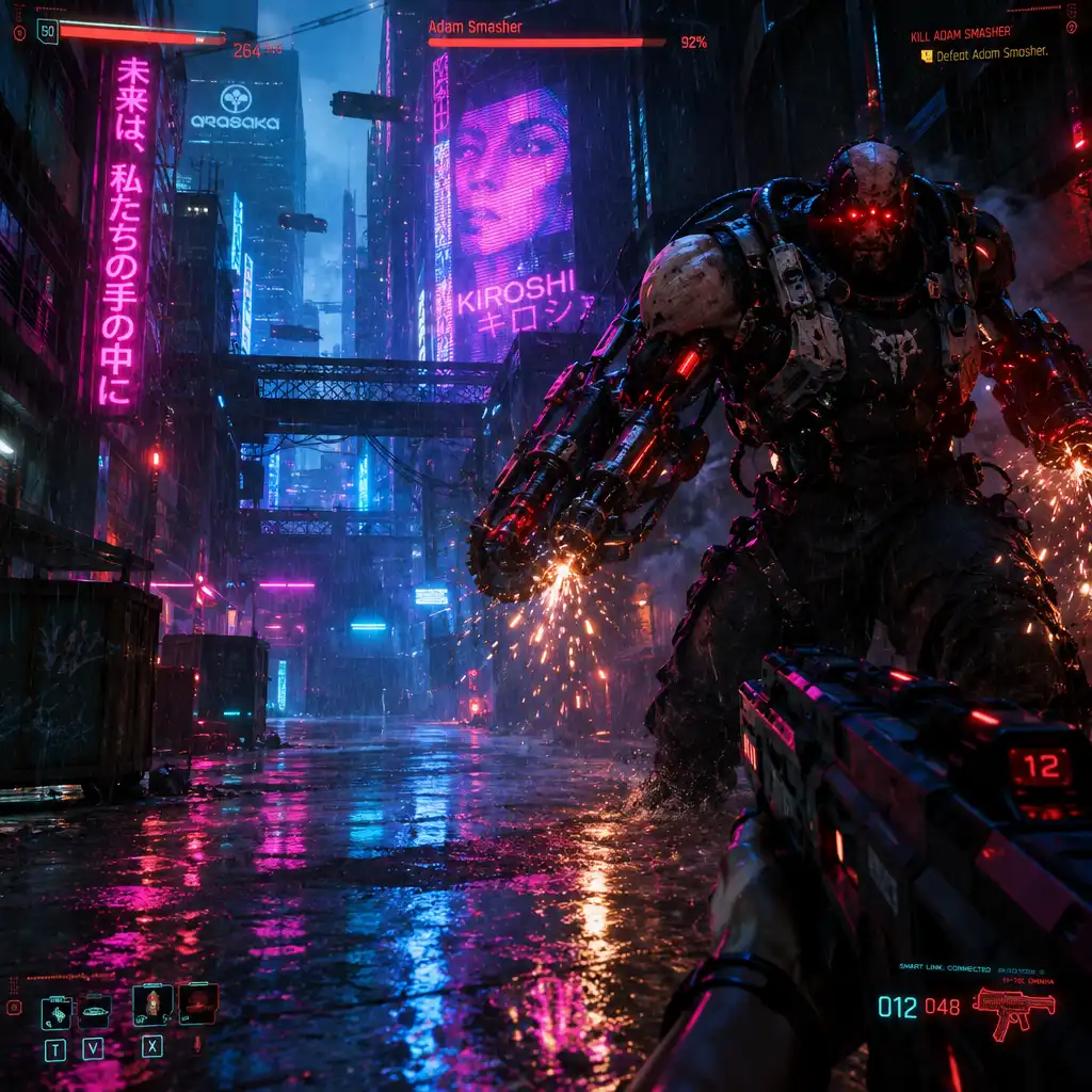 Cyborg boss z czerwonymi oczami w neonowej uliczce w Cyberpunk 2077