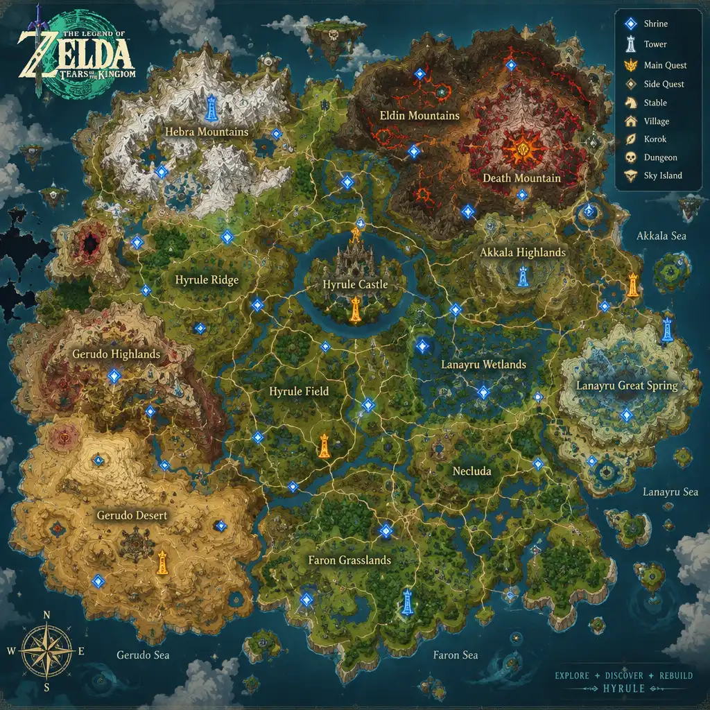 Mapa świata Hyrule z ikonami sanktuariów i wież w The Legend of Zelda: Tears of the Kingdom