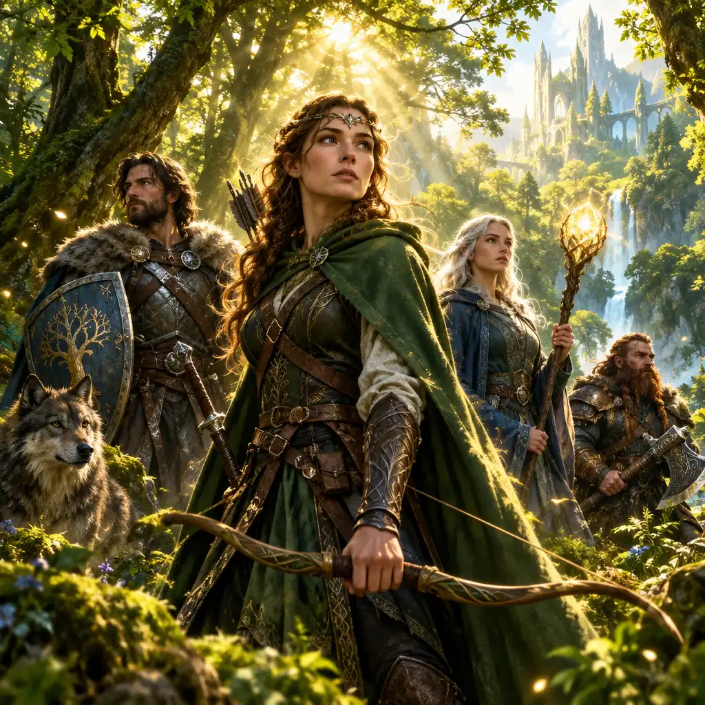 Grupa bohaterów w średniowiecznym lesie z magicznym światłem